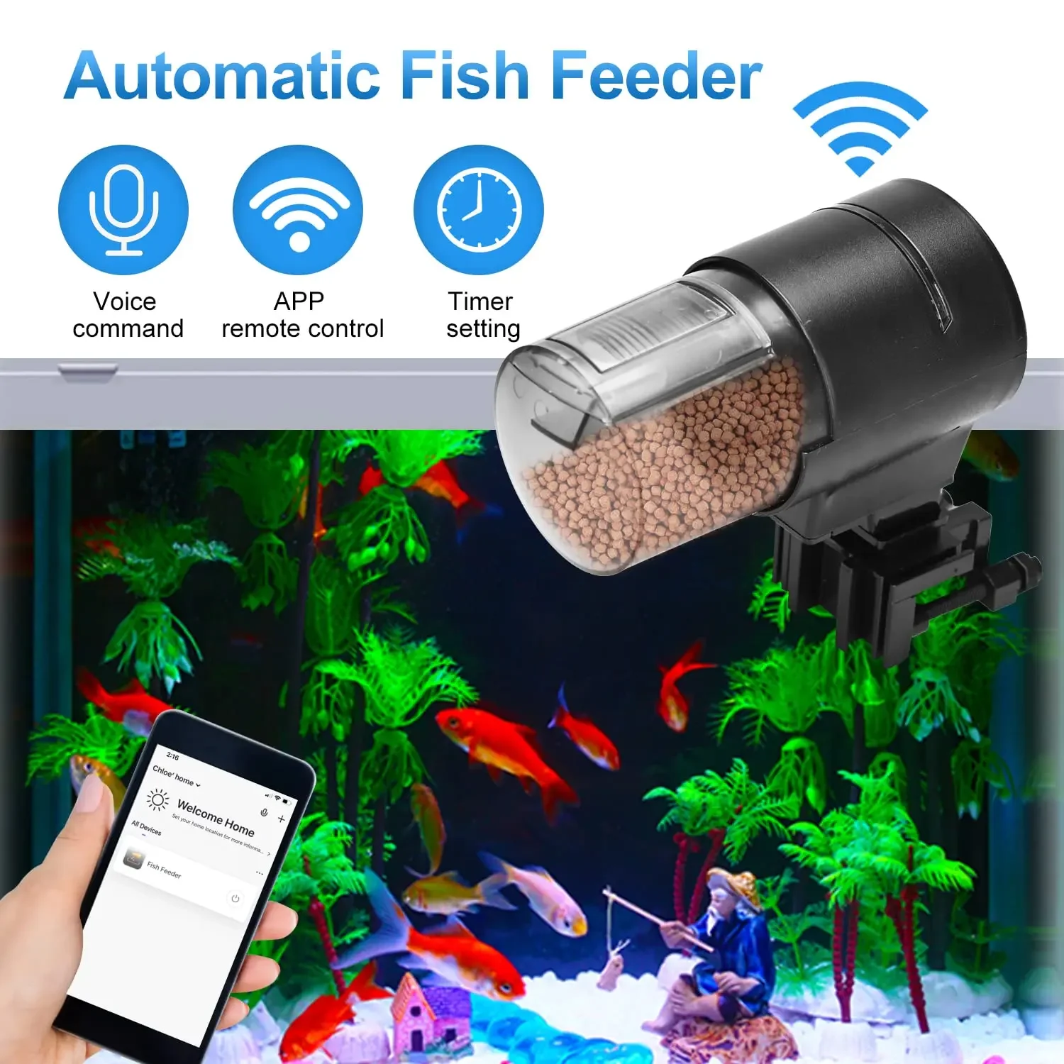 

Remote intelligent timing Automatic Fish Feeder for Aquarium,200ml Capacity Auto Fish Feeders Easy to Set Up with Battery