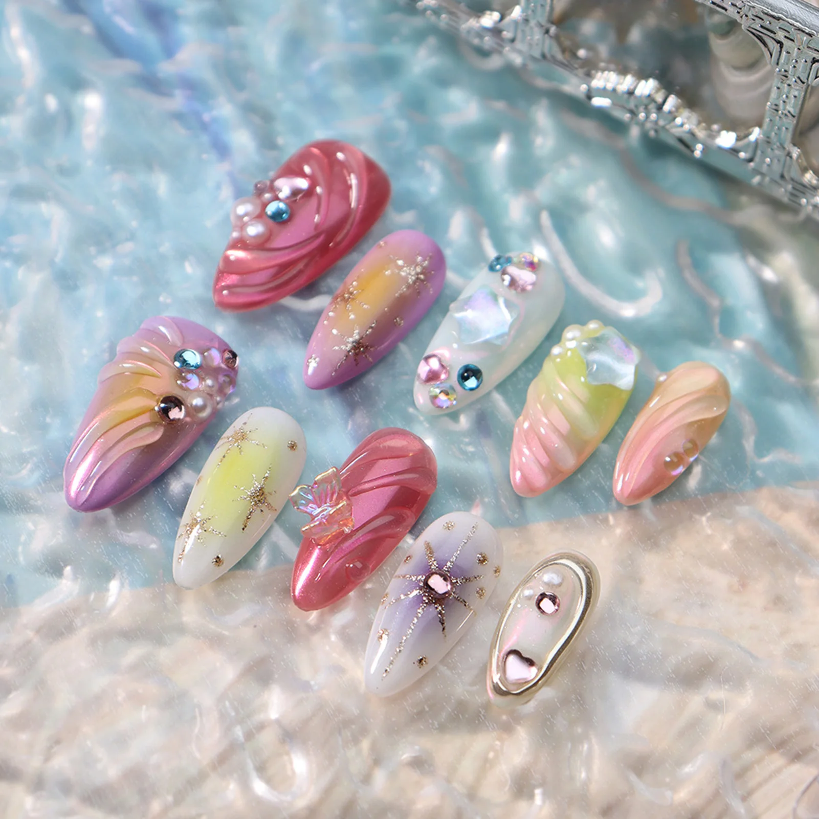 Almond Press On Acrylic Nails Y2k Handmade Colorful Gradient False Nails with Aurora 3D Diamond Butterfly Decor Long Fake Nails