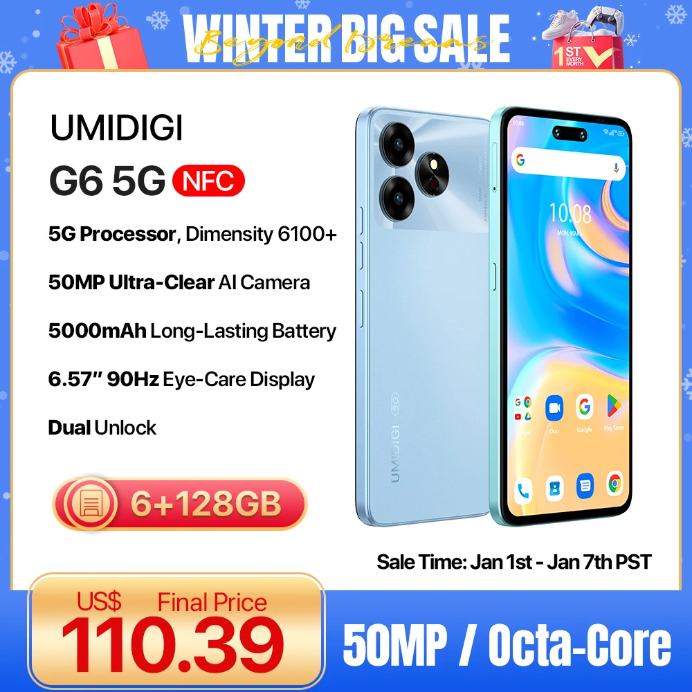 [NEW 5G] UMIDIGI G6 5G Smartphone 5G Android 13 Dimensity 6100+ 6+6GB 128GB 6.57” 90Hz 50MP Ultra-Clear Eye-Care Dual Camera NFC