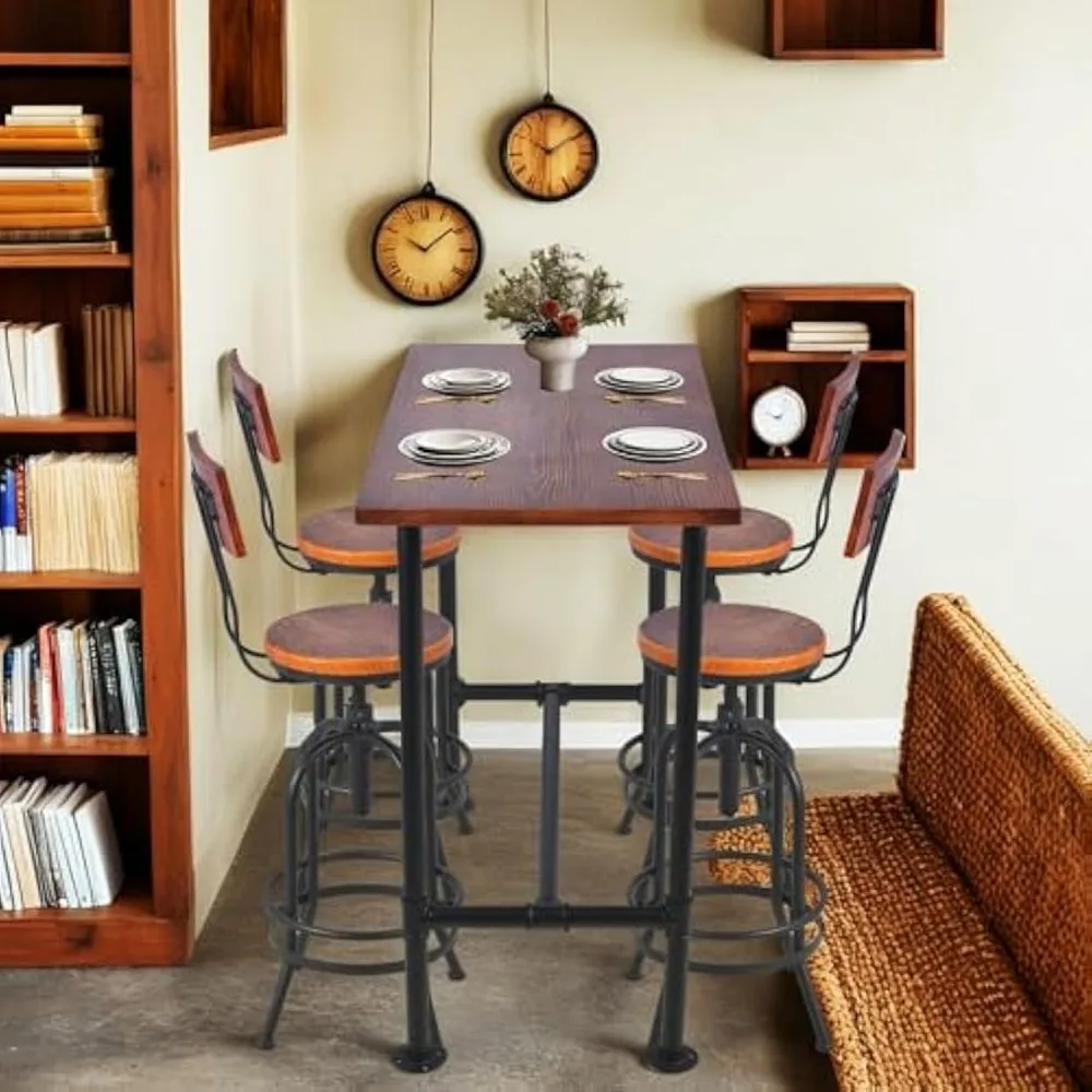 

«Промышленный барный набор из 5 предметов — регулируемые поворотные табуреты и деревянная столешница, коричневый для кухонного острова/паба»