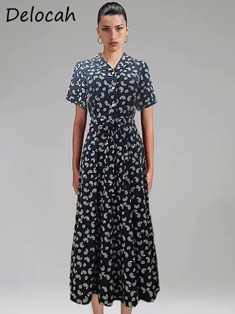 

Delocah High Quality Summer Women Fashion Designer Long Dress Short Sleeve Vintage Style Blue Floral Printed Big Swing Dresses