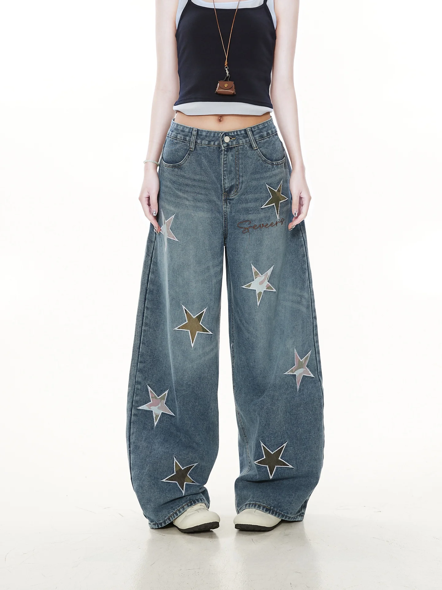 

Retro American Washed Star Embroidered Denim Jeans Women's Loose Wide Leg Knife Pants Trendy Brand Casual Machine Embroidery