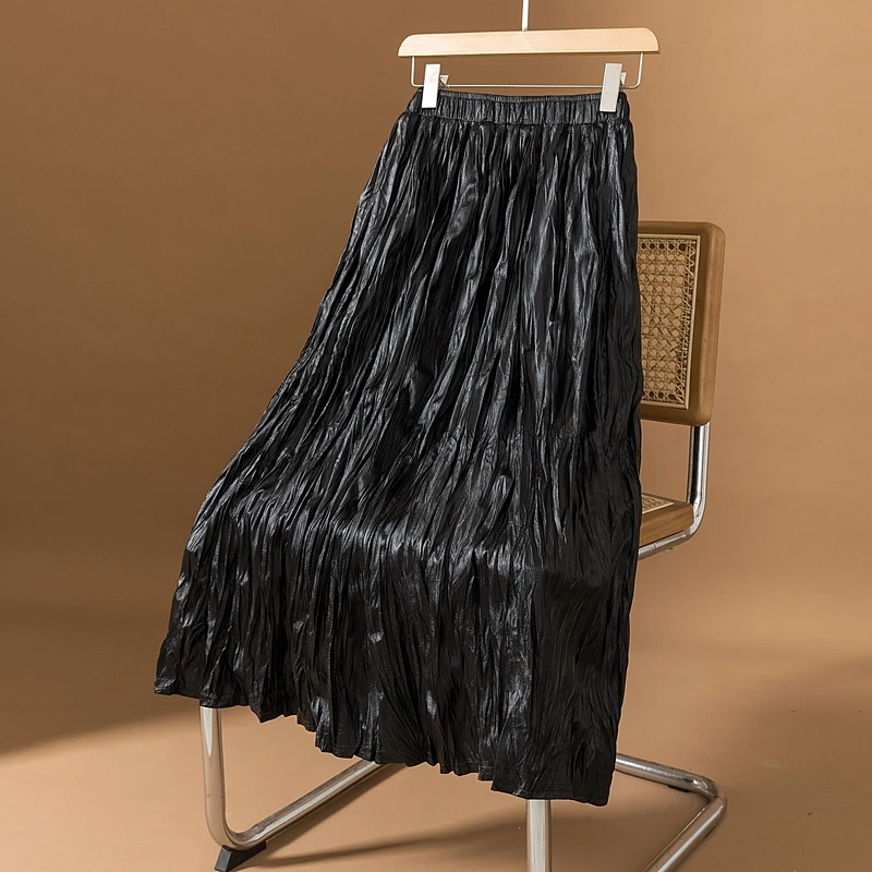 

Плиссированная юбка из искусственной кожи в стиле ретро с высокой талией и драпировкой, тонкая текстура, юбка-миди трапециевидной формы, корейская длинная юбка чистого цвета для поездок на работу