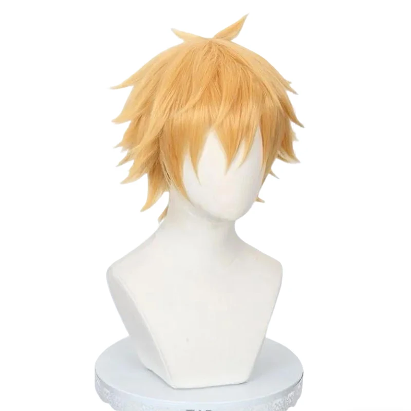 أنيمي بالمنشار دينجي شعر مستعار تأثيري الرجال النساء الذهبي الشعر القصير مقاومة للحرارة شعر مستعار اصطناعي هالوين الدعامة الطرف