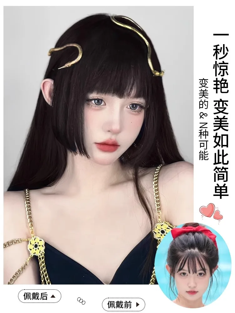 باروكة صناعية طويلة مستقيمة للنساء، شعر أسود طبيعي، شعر مستعار برأس كامل، شعر مستعار لطيف للحفلات التنكرية اليومية