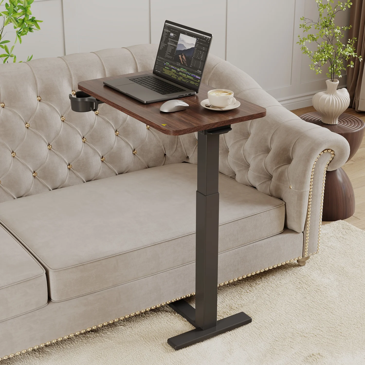 Overbed Table with Hidden Wheels, Adjustable Height Overbed Table with Cup Holder, Sit-Stand Rolling Desk, Wood Top & Steel Frame, Mobile Side Table for Bed, Sofa, Rolling Laptop Standing Desk for Home & Office