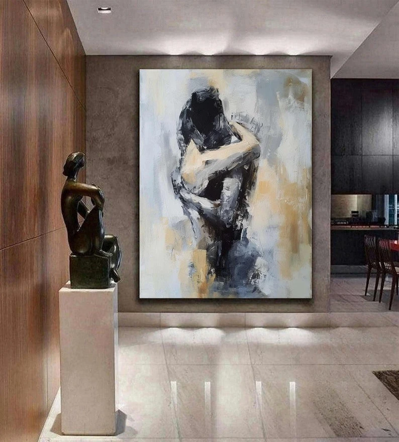 

100% Hand-painted Abstract Black Lovers Oil Painting Wall Art Frameless Faceless Portrait Canvas Artworks for Living Room Decor