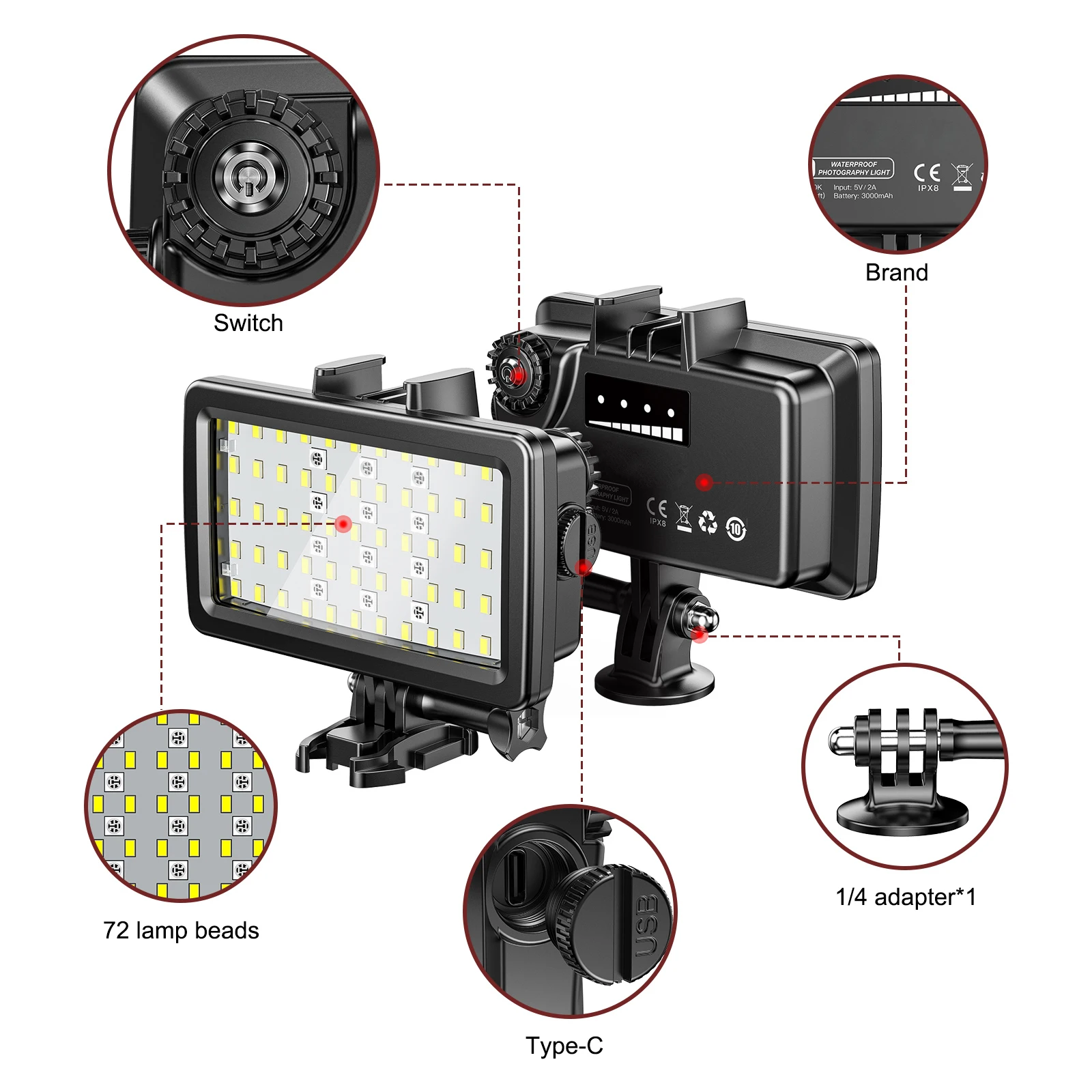 Seafrogs 5000LUX Waterproof Colorful LED Camera Phone Fill Light Flash Underwater Diving Photography Lighting Accessory 3000mAh