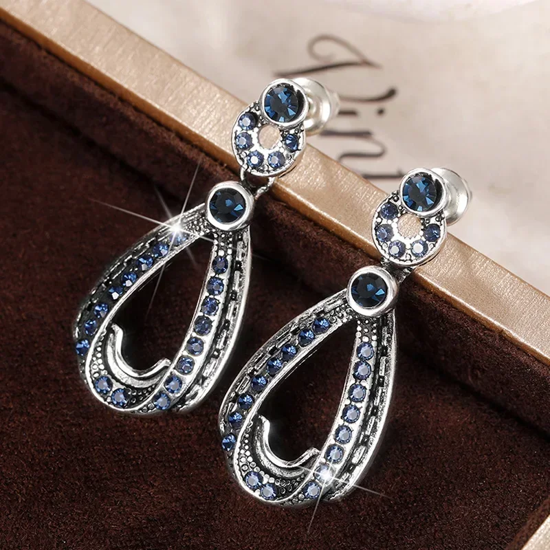 Vintage Antique Silver Color with Blue Stone Pear Drop Earring Women Retro Party Ethnic Style Accessories Female Earrings