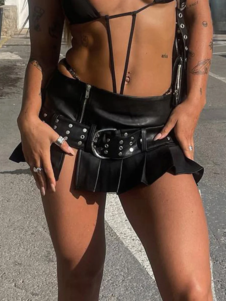 Weekeep Punk Slit Mini Leather Skirt with Belt Summer Low Rise Loose Sexy Super Short PU Pleated Skirts Women y2k Gothic Outfits