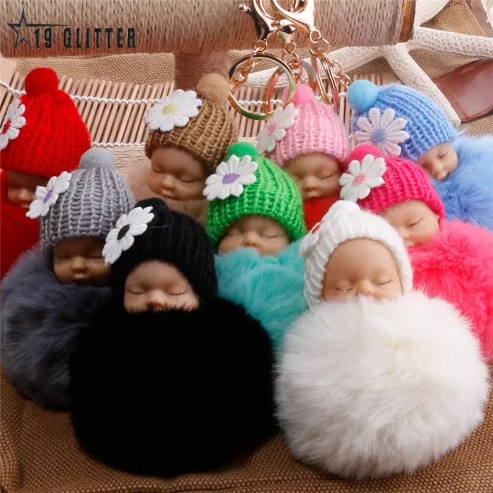Cute Pompom Sleeping Baby Keychain Fur Ball Gift Car Key Ring Fluffy Plush Doll Bag Charms Ornmant Couple