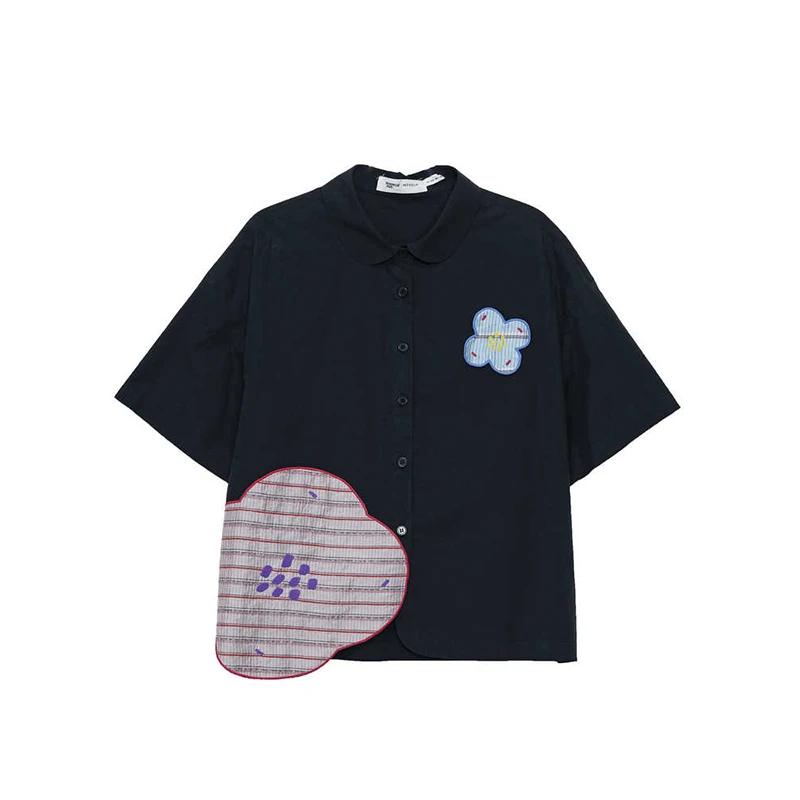 MOVEUP Commuter Short Sleeved Shirt 2026 Summer New Cotton Color Contrasting Flower Embroidered Loose Shirt For Women 3ELX20443