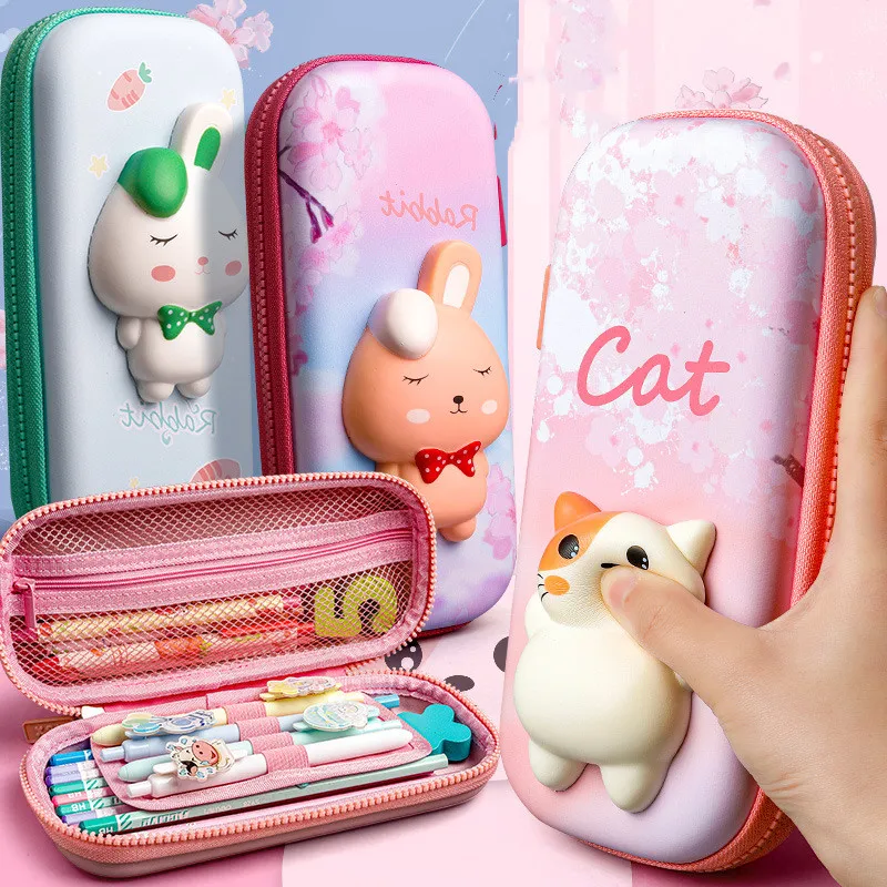 Adorable 3D Pencil Case Stationery Organizer School Supplies for Girls EVA Pink Pen Pouch Holder Kawaii Eraser Bag Squishy Cat