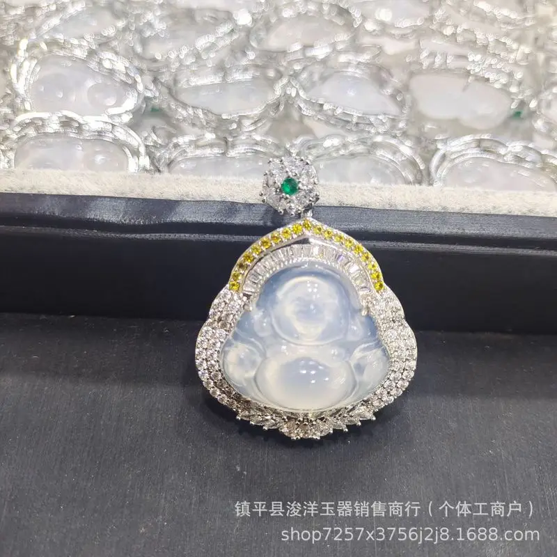 Natural silver-plated pendant with a large belly Buddha made of agate and chalcedony, high-quality ice-grade laughing Buddha jad