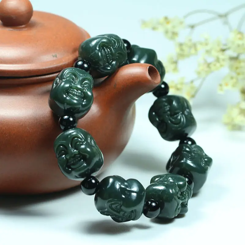 Natural Jade Wholesale Xinjiang Hotan Jade Fine Material Buddha Head Bracelet Men's Sapphire Maitreya Buddha Hand String