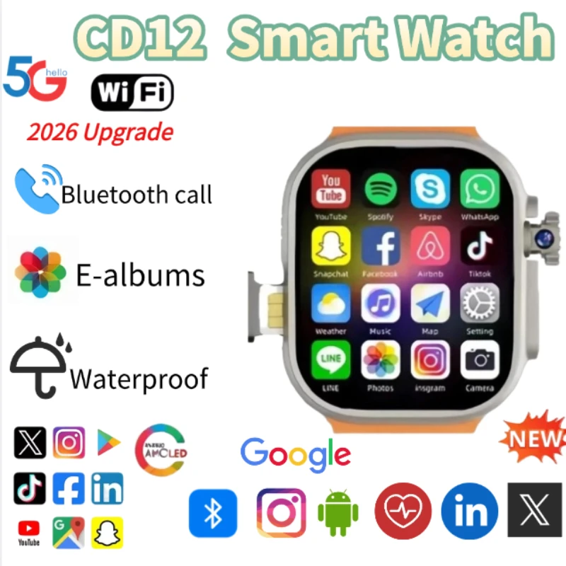 5G Network Smartwatch CD12 SIM Card Rotating Camera Android 9.0 Bluetooth GPS Positioning Play Store Global Version WiFi Phone