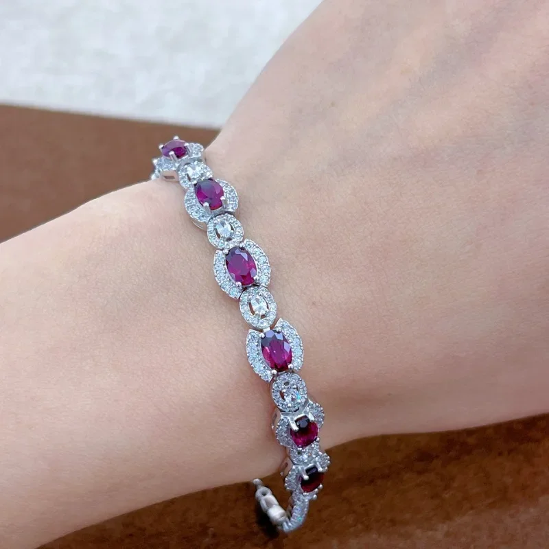 SACEGEMS New Luxury 925 Sterling Silver 4*6MM Natual Garnet Gemstone Bracelrts for Women Engagement Cocktail Party Fine Jewelry