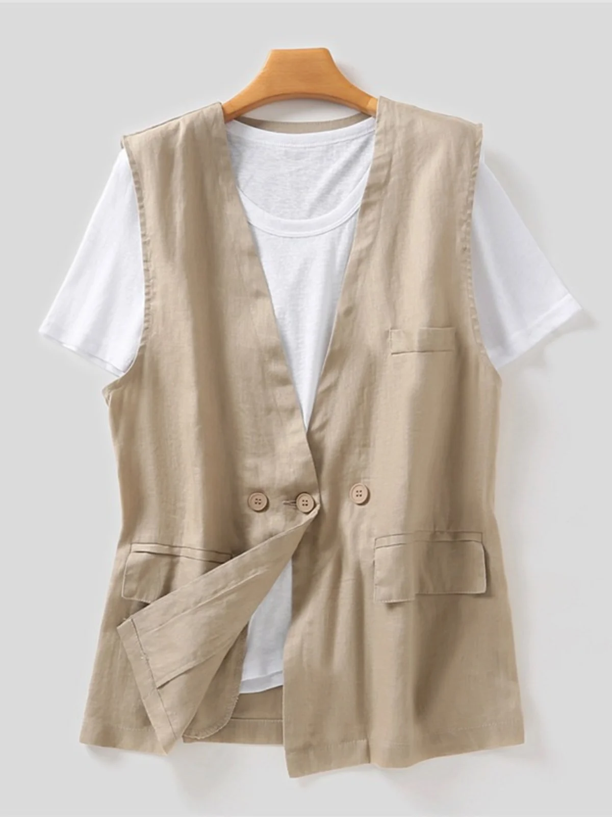 

Ele хлопковый льняной костюм, жилет, женский летний тонкий модный свободный повседневный костюм с v-образным вырезом и пуговицами, однотонный топ на пуговицах