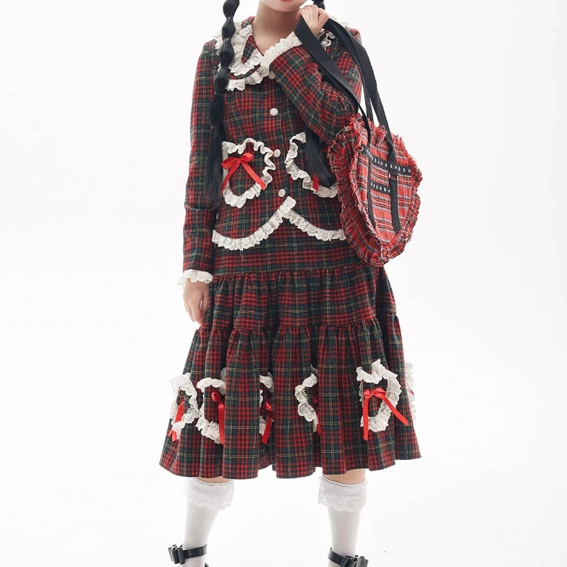 Original Design Japanese Blazer Retro Red Lolita Autumn And Winter Y2K Thin Bow Ruffle Edge Cute Sweet Beautiful Women's Coat