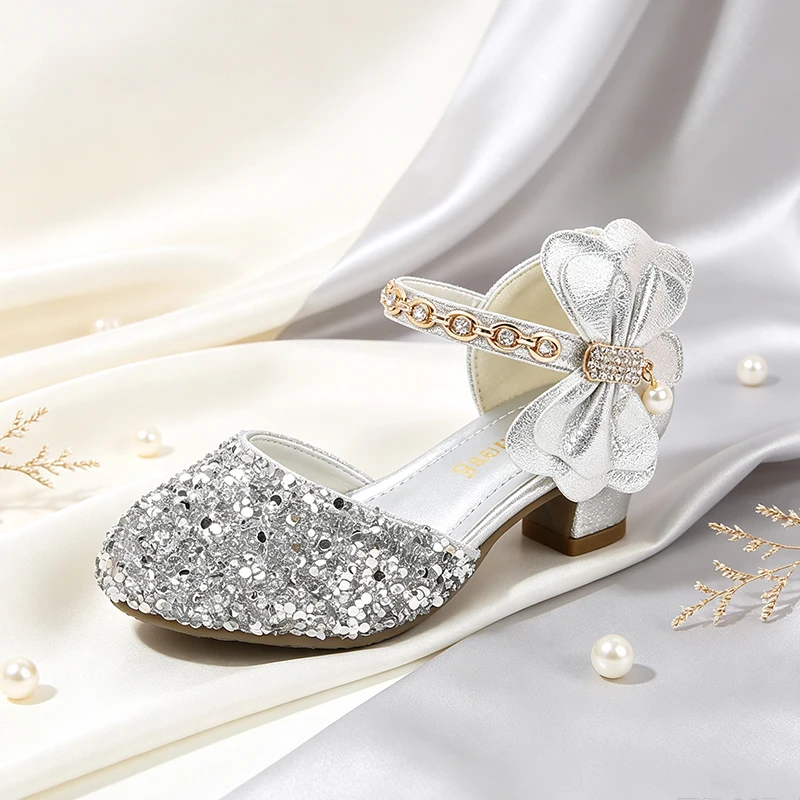 Luxury Girls Sparkly Sequin Princess High Heels Shoes Elegant Kids Pageant Party Christmas First Communion Bridesmaid Sandals