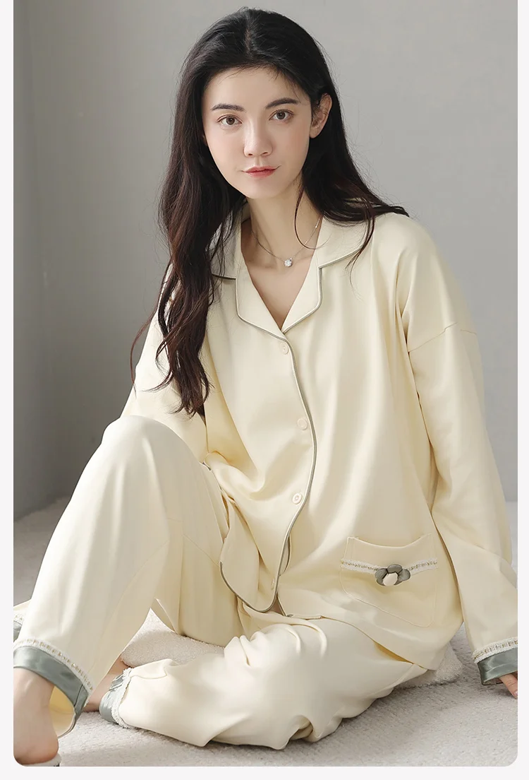 

Pajamas women's spring autumn pure cotton long-sleeved thin new high-end loungewear suit simple lapel single-breasted versatile