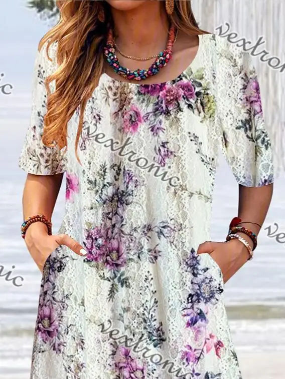 Plus Size Vrouwen Hort Mouw Ronde Hals Kanten Midi-Jurk Met Bloemenprint En Zakken