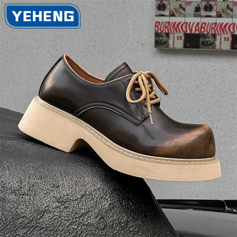 

Mens Thick-Soled Upturned toe Derby Shoes Lace-Up Casual Leather Shoes Wear-Resistant Designer Vintage Man Big toe Dress Oxford