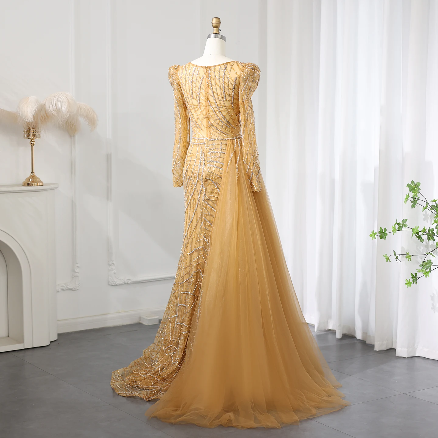Sharon Said Luxury Muslim Gold Mermaid Beaded Dubai Evening Dresses with Overskirt Plus Size Wedding Party Gown SS048 Customized