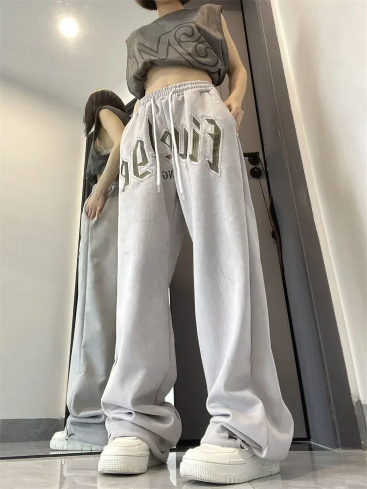 

QWEEK Hip Hop Gray Joggers Sweatpants Women Oversized Letter Embroidery Streetwear Black Track Pants Y2K Kpop Jogging Pantalon