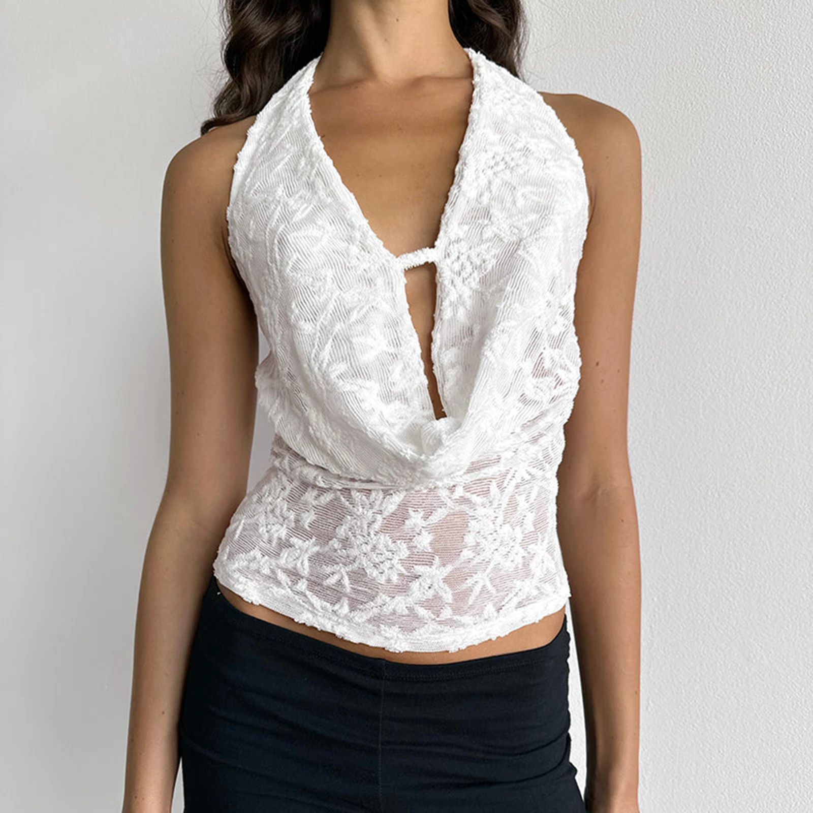 Women's Halter Lace Tops Sleeveless Open Back Draped Front Cami Tops For Beach Vacation Summer Party Daily Wear Streetwear