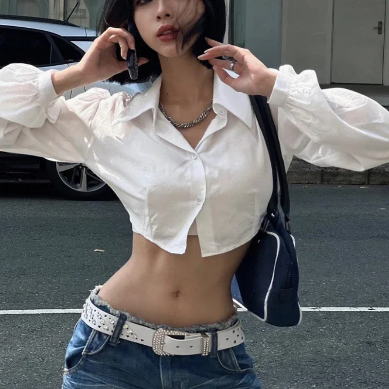 2024 Autumn New Style Fashion Sex Appeal Simple Non-Mannerism Shirt Lapel Cardigan Bare Midriff Long Sleeve Women Top