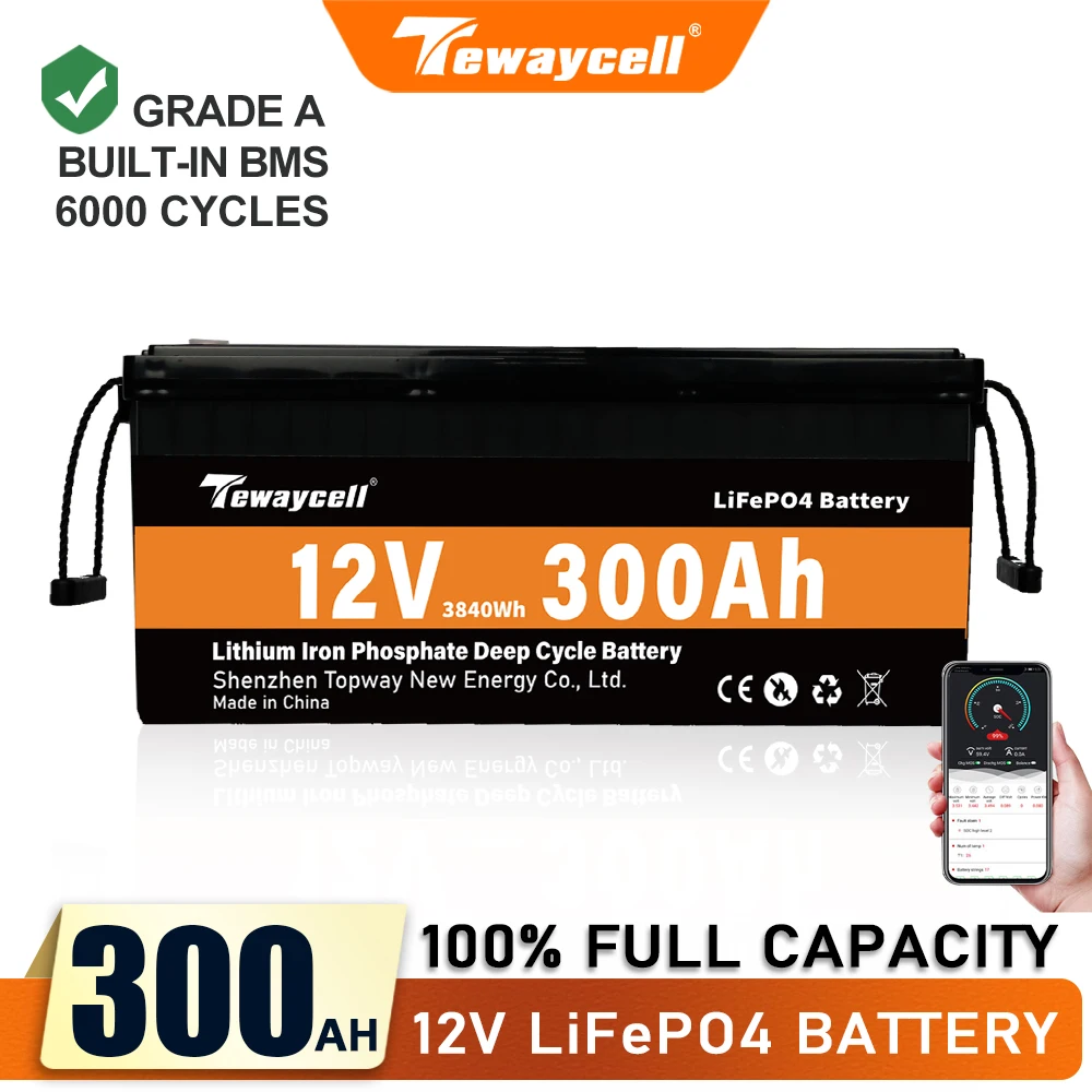 TEWAYCELL 12V 300AH LiFePO4 Battery Pack Lithium Iron Phosphate  Bluetooth Grade A Built-in BMS for Solar Power System RV NO TAX