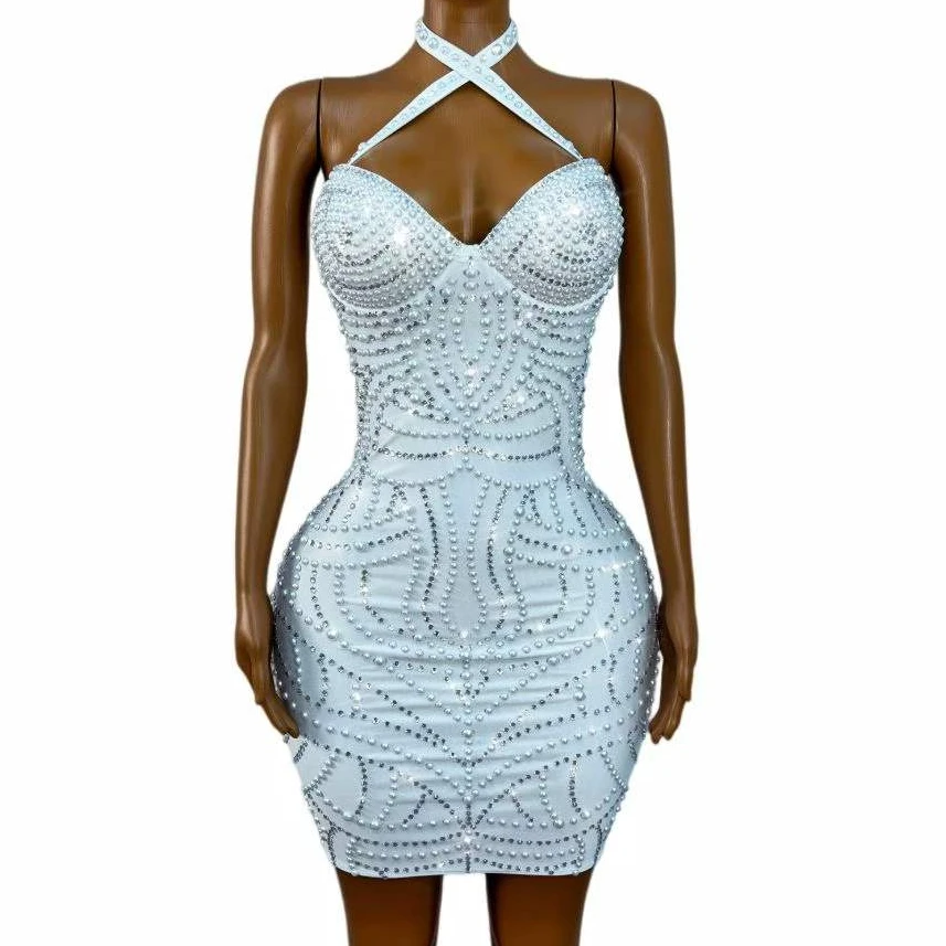 

Sparkly White Rhinestones Pearls Halter Backless Short Dress Women Sexy Evening Prom Celebrate Birthday Dress Photo Shoot Wear