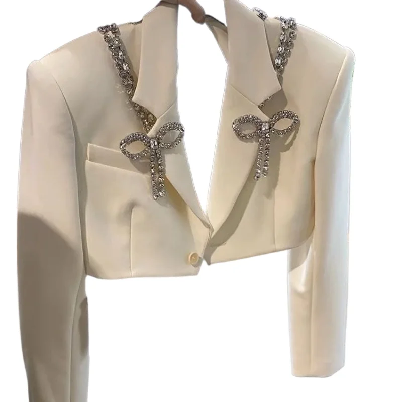 Spring Women Blazers White Suit Jacket for Spring and Summer, Bow Tie, Nail Drill, 2025 Popular Small Coat