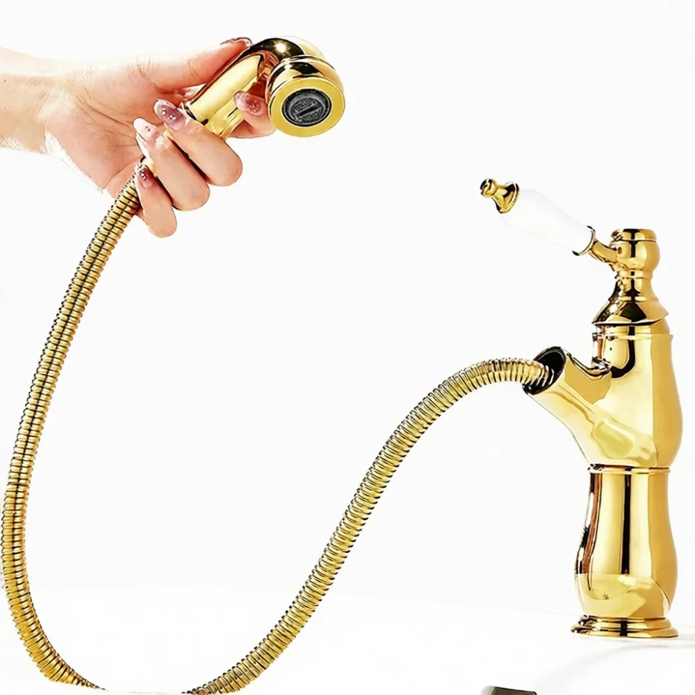 High Quality Retro Basin Faucet Pull Out Hose Bathroom Sink Mixer Tap Cold Hot Dual Control Durable Ceramic Valve Faucet
