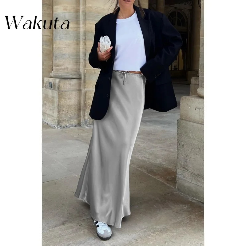 WAKUTA-Saia de cauda de peixe elegante feminina, laço de cintura alta, maxi viajante, fino, versátil, longo, outono, francês, Y2K, 2022