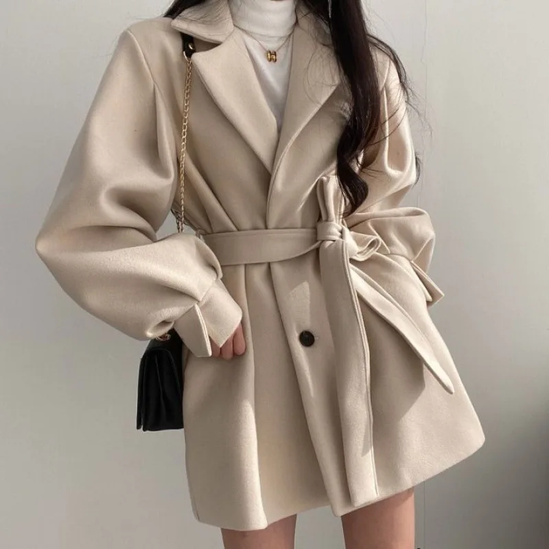Lantern Sleeves, Straps, Autumn and Winter Clothes, Vintage Suit Collar, Coat with Waist and Woolen Coat for Women