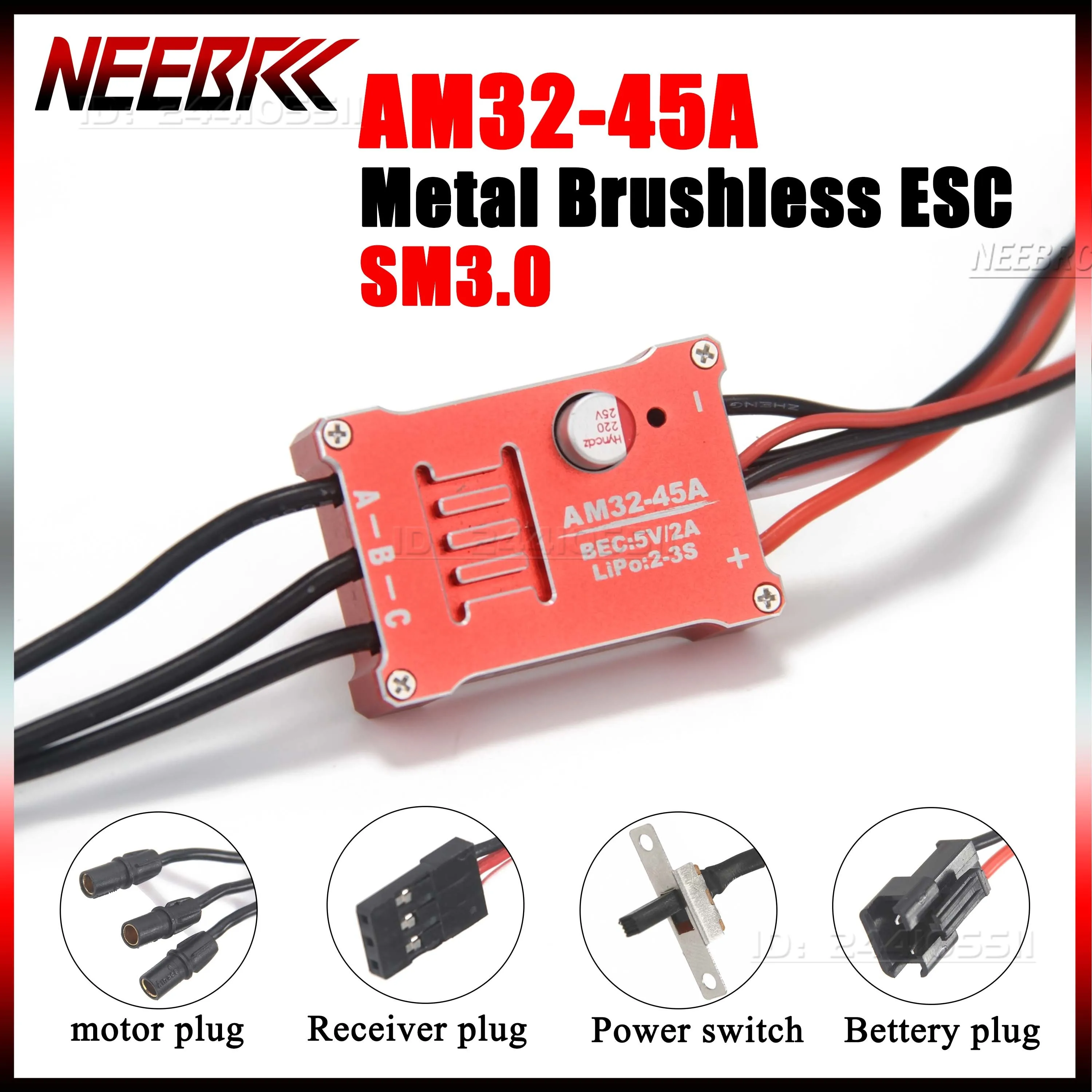 

NEEBRC AM32 45A Brushless Metal Case Waterproof Red ESC SM3.0 Plug Motor for 1:18/1:12 Climbing/Off Road Upgrade Vehicle Parts