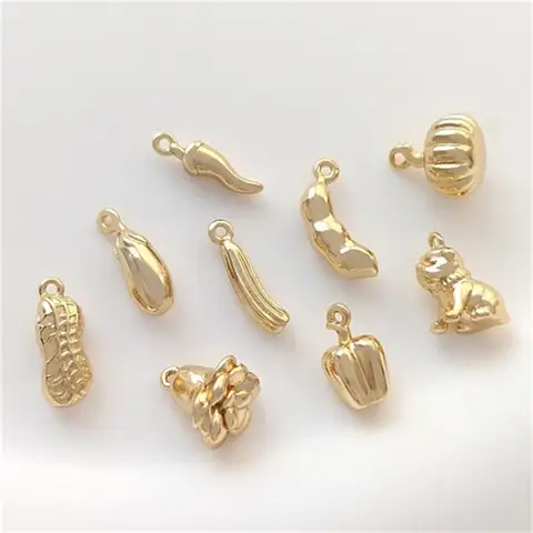 골드 목가적인 야채 고추, 에다마메, 땅콩, 호박, 과일 야채 펜던트, DIY 팔찌, 쥬얼리 장식품, 14K 포장