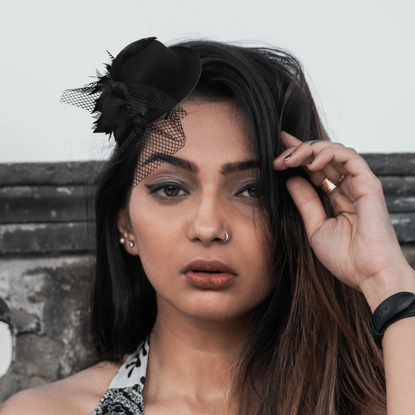 

Black Mini Top Hat Fascinator Flower Hair Clip Punk Style Satin Flannel Net Decorated Women Fashion Hair Accessory