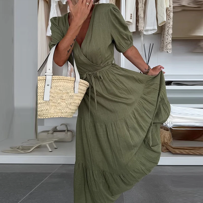 Robe d'été à manches lanternes, couleur unie, Patchwork, Maxi, vêtements Boho Chic pour femmes, col en v, demi-manches, cordon de serrage