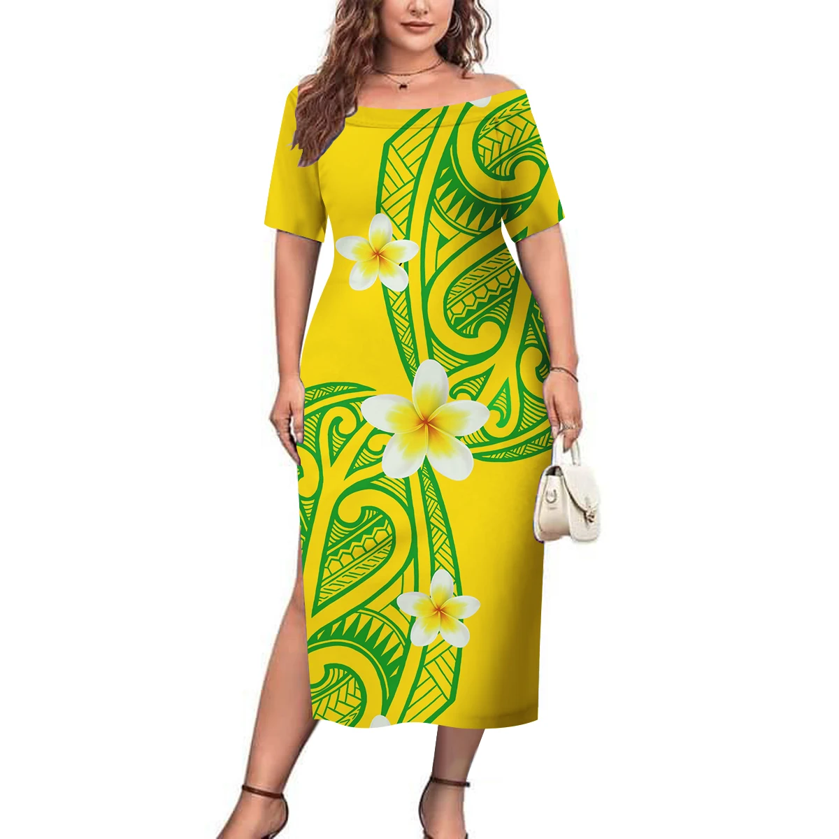 Pacific Island Hibiscus Flower Design Samoa Fiji Hawaiian Tribal Style Custom Women'S One-Shoulder Slimming Slit Dress Polynesia