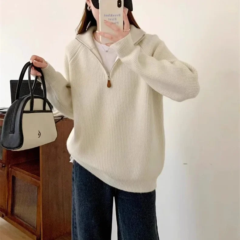 ゆったりとしたニットのアウターウェア、秋冬の新しいスタイル、女性用ハイカラーセーター、ハーフジップ、厚みのあるフリップカラー
