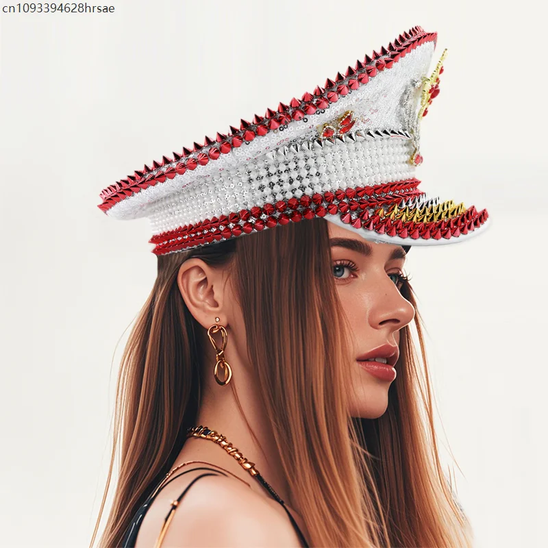 Steampunk Captain Hat Rivet Sequin Masquerade Festive Performances Unisex Adult Military Cap Rhinestone Festival Halloween Hat