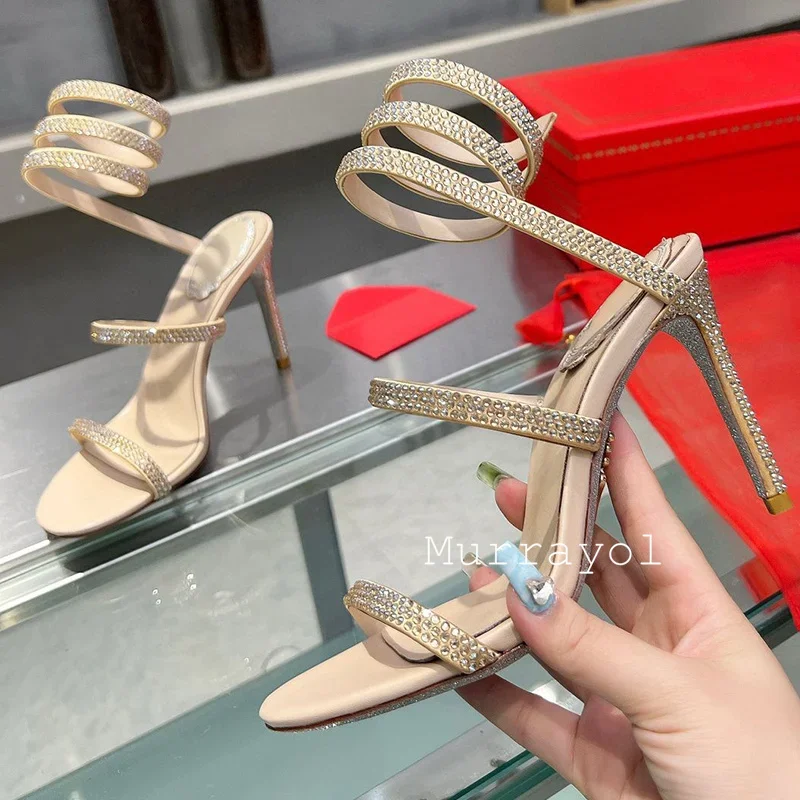 New Ankle Snake Shaped Strap Entanglement Sandals Women Rhinestone Decor Thin High Heels Sandalias Summer Wedding Shoes Pumps