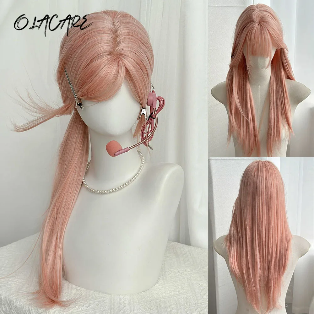 

Long Silky Straight Synthetic Wigs with Bangs Brown Pink Cosplay Party Lolita Hair Wigs for Women Natural Heat Resistant Wig