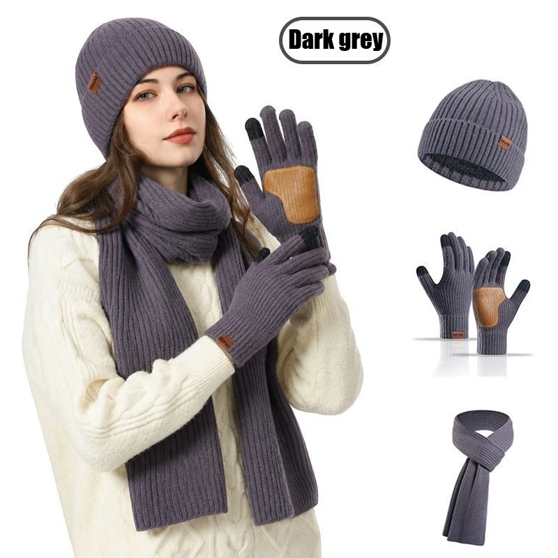 3Pcs Winter Knitted Beanie Hat Scarf Gloves Touch Screen Gloves Soft Warm Fleece Lined Cap Neck Warmer Outdoor Cold Weather Gift