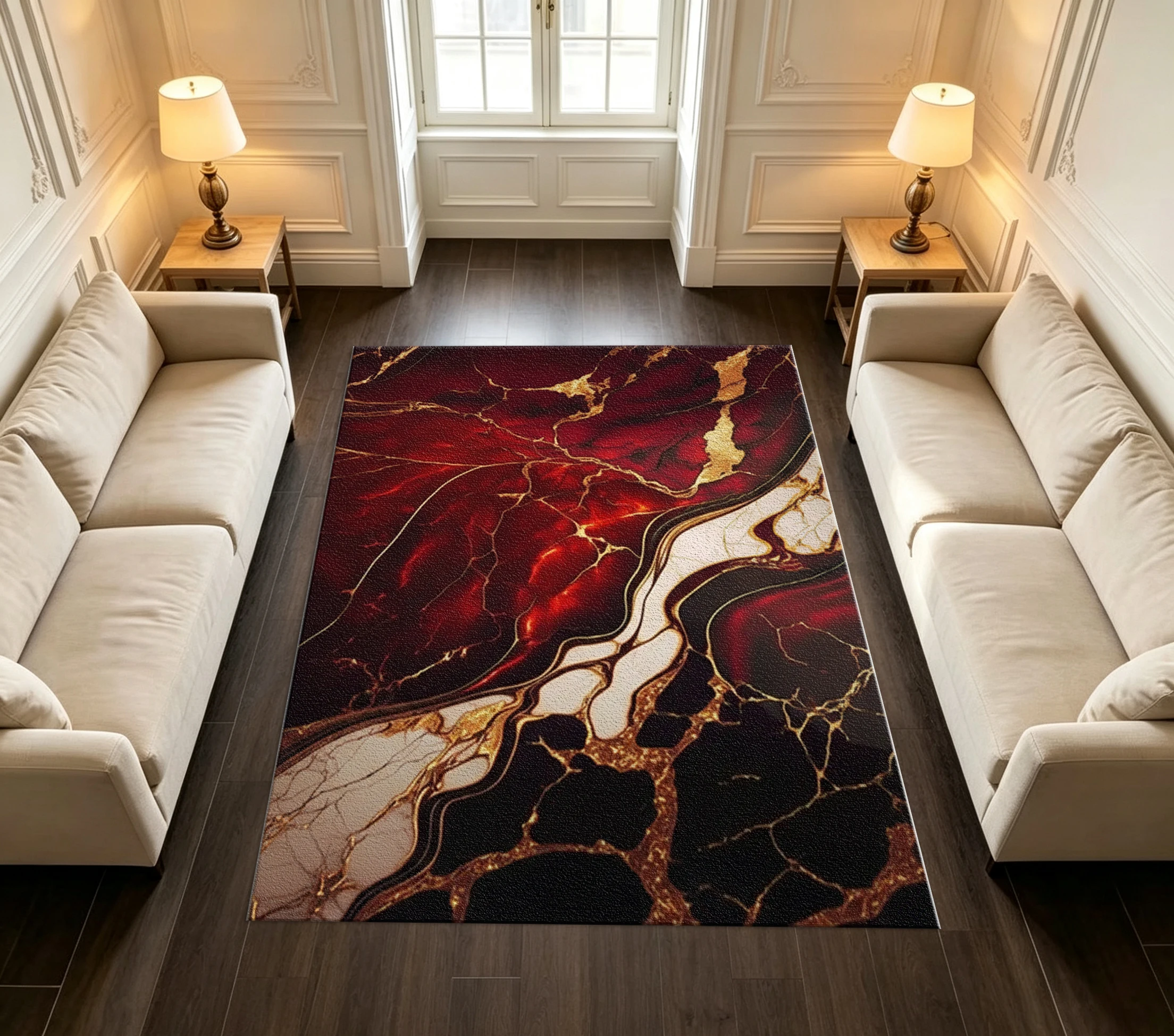 Luxury Red Black Gold Marble Carpet Flooring Abstract Fluid Art Area Rug Non‑Slip Floor Mat for Home Living Room