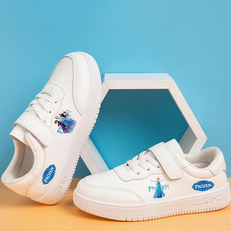 

Frozen Anna Elsa Sport Shoe Girl Disney Anime Print Sneakers Trendy Casual Board Shoes Leather Soft Soled White Shoes Footwear