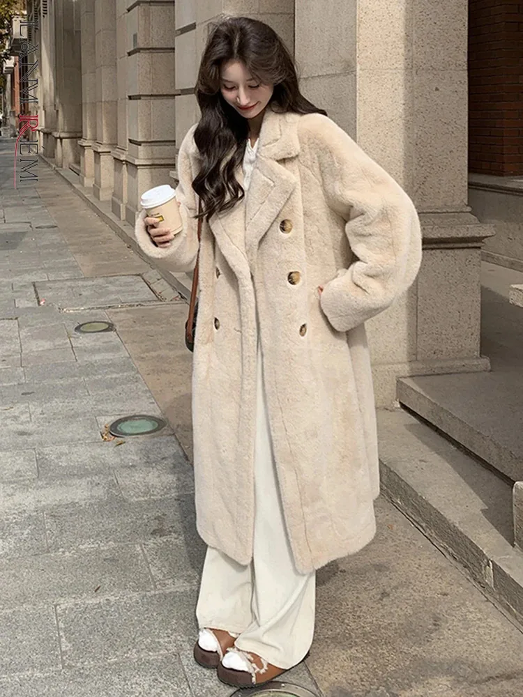 

LANMREM Thick Lamb Wool Coat Women Double Breasted Long Length Loose Style Female Streetwear Clothing 2024 Winter New 2DB1051